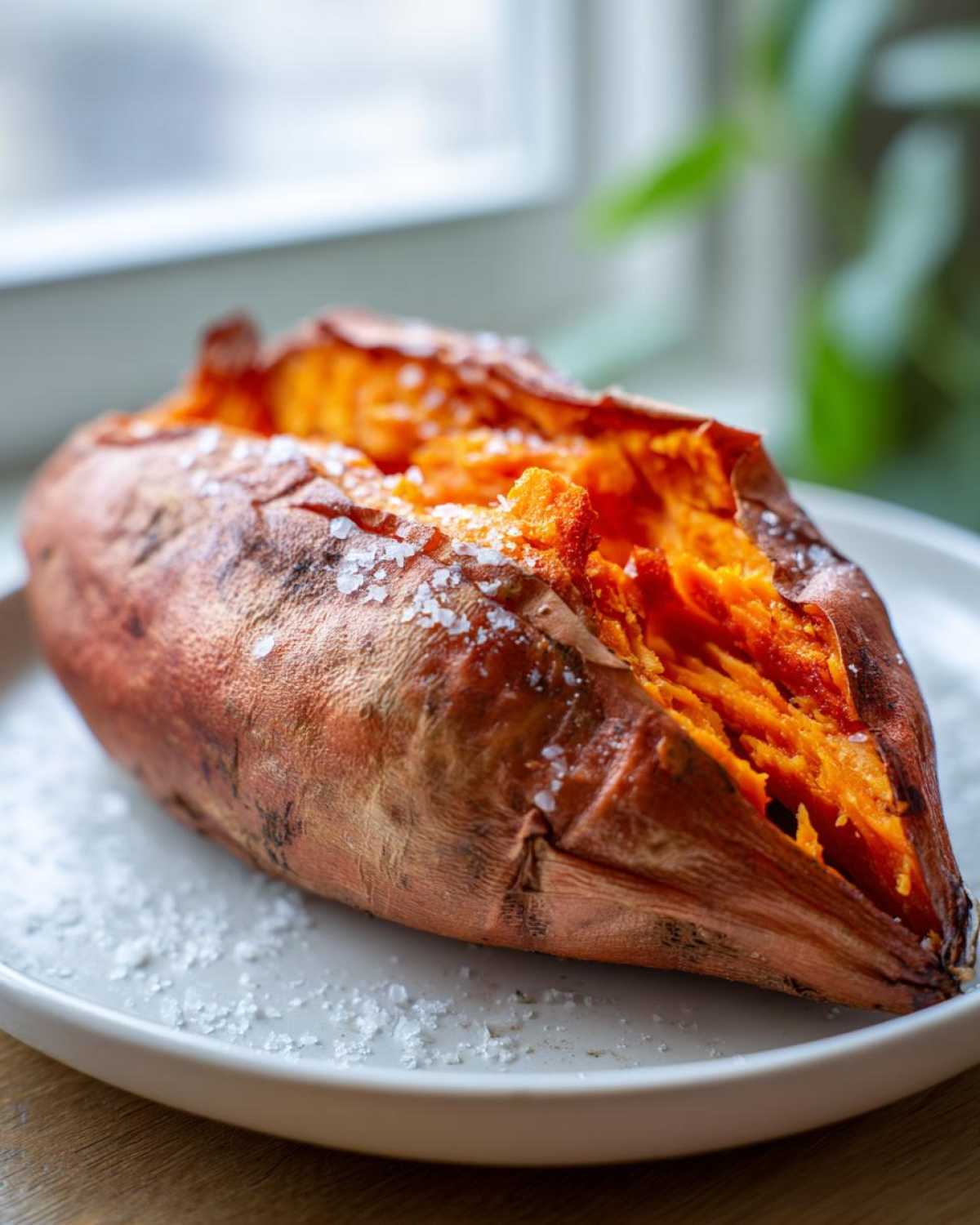 A close-up of a perfectly baked sweet potatoes, split open and sprinkled with coarse sea salt.