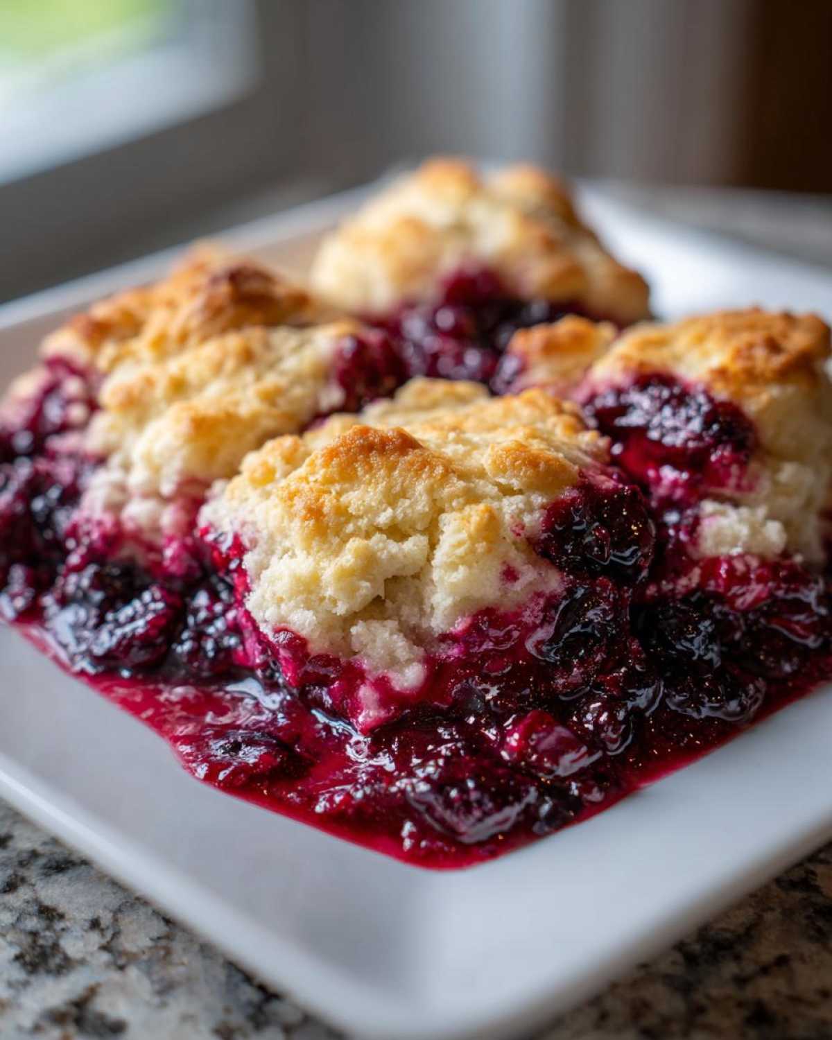A close-up of warm, bubbling berry cobbler with golden biscuit topping served on a white plate.
