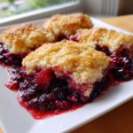 A serving of warm berry cobbler showing juicy, dark berries beneath a golden, crumbly biscuit topping.