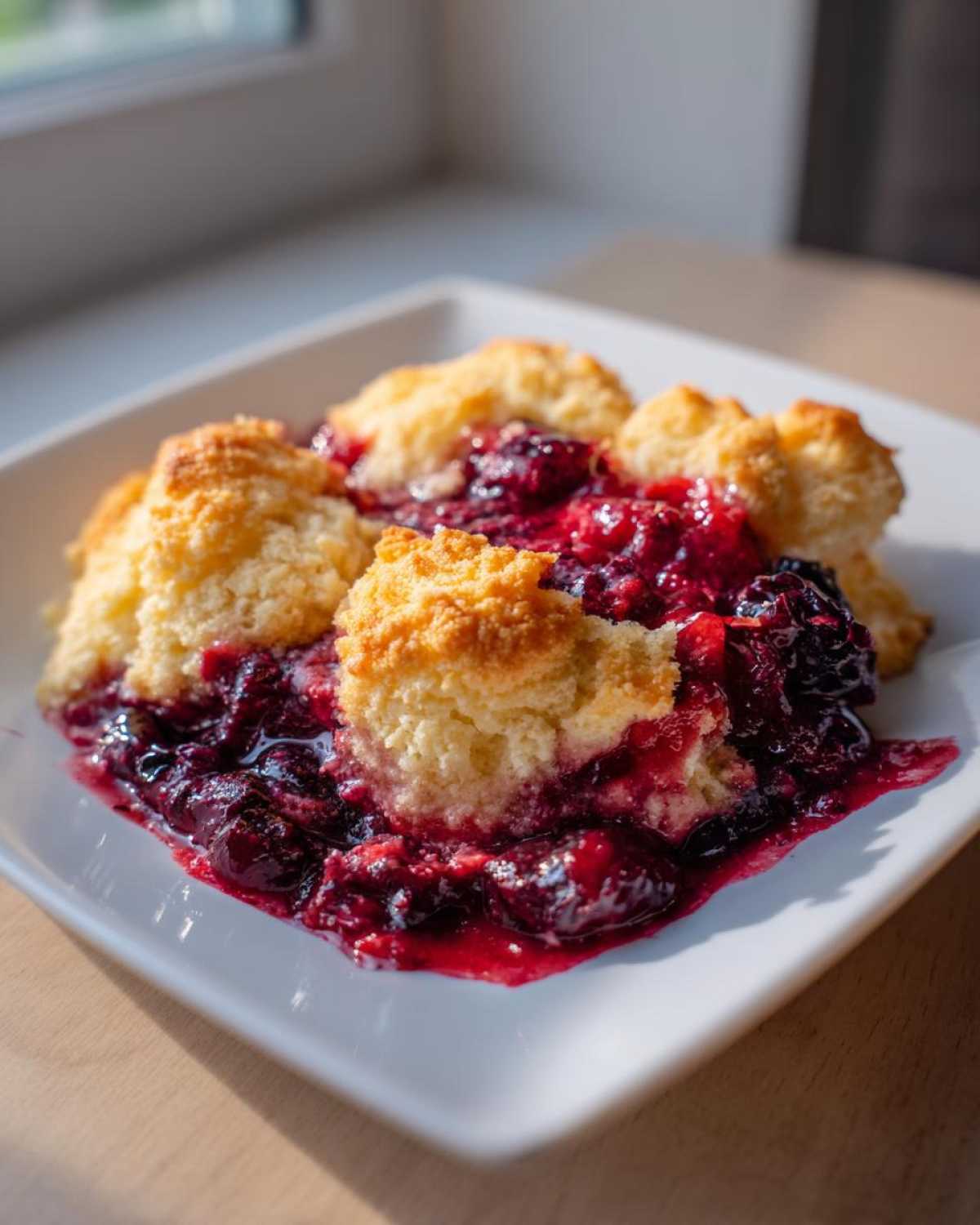 A close-up of a warm serving of berry cobbler with bubbling red fruit filling and golden biscuit topping.