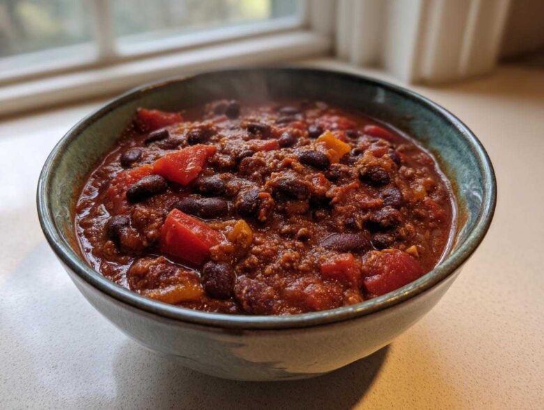 Close-up of a steaming bowl of rich, thick black bean chili topped with chunks of tomato.