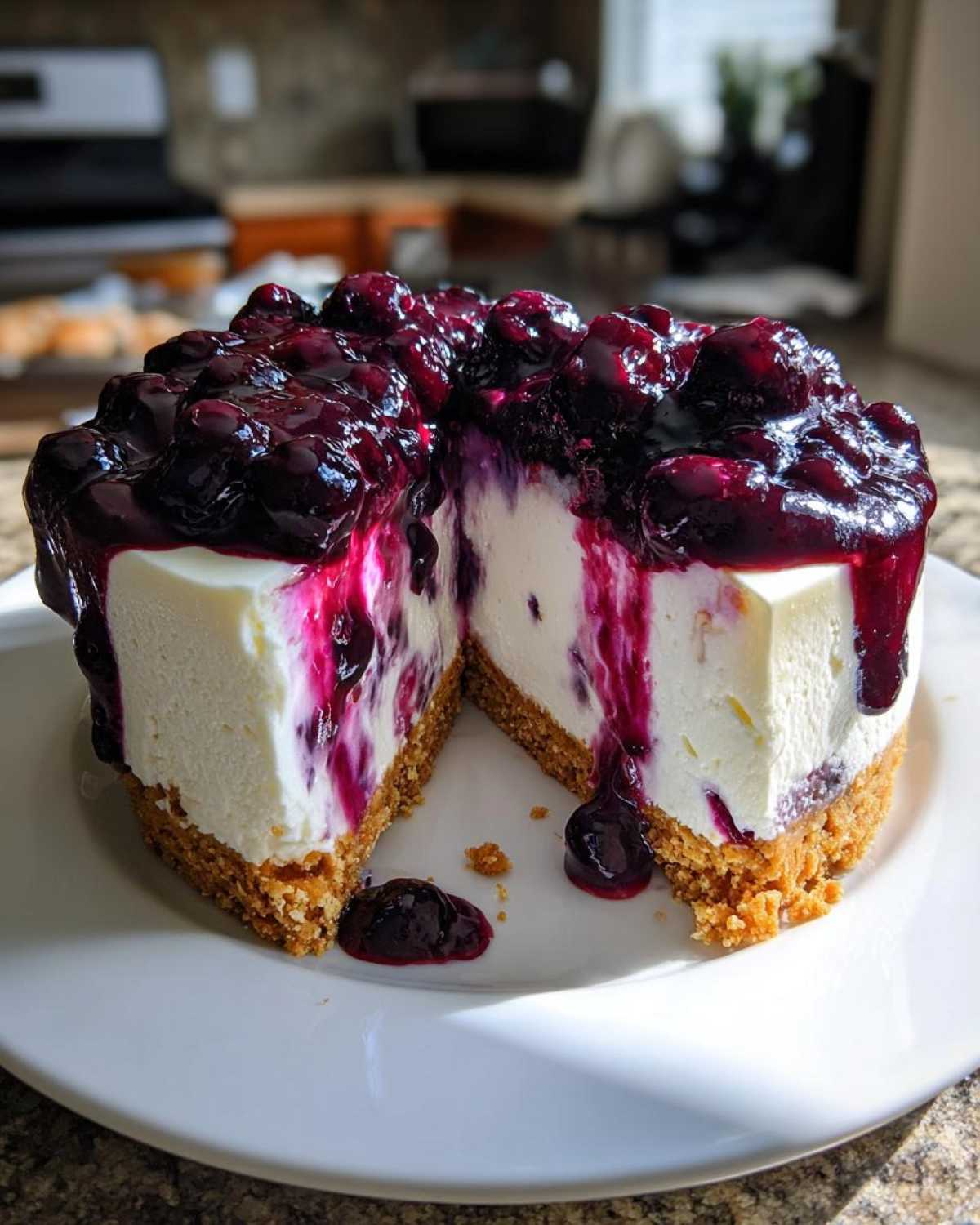A rich, creamy blueberry cheesecake with a thick layer of blueberry topping, sliced open on a white plate.
