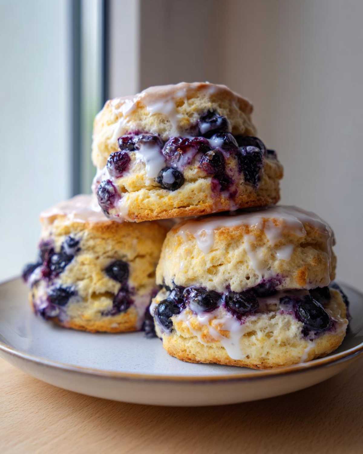 Three freshly baked blueberry scones stacked on a plate, drizzled with white icing.