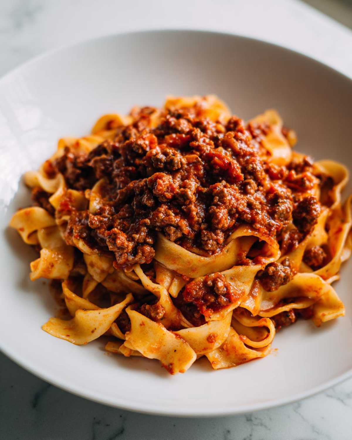 A close-up of wide pappardelle pasta generously topped with rich, meaty bolognese sauce in a white bowl.