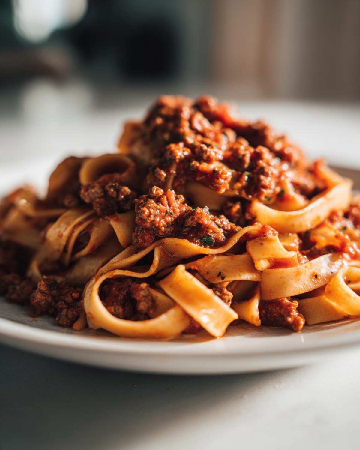 Close-up of thick tagliatelle pasta generously topped with rich, meaty bolognese sauce on a white plate.