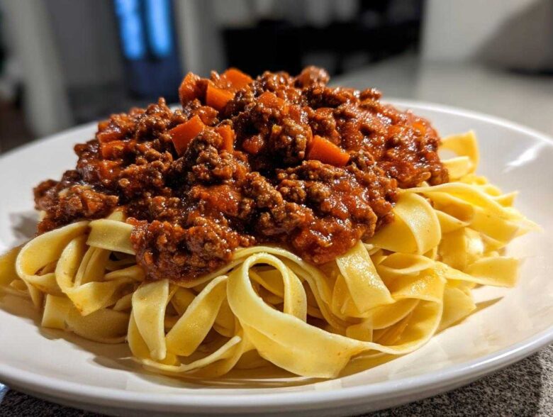 Close-up of rich, meaty bolognese sauce generously spooned over a bed of fresh tagliatelle pasta on a white plate.