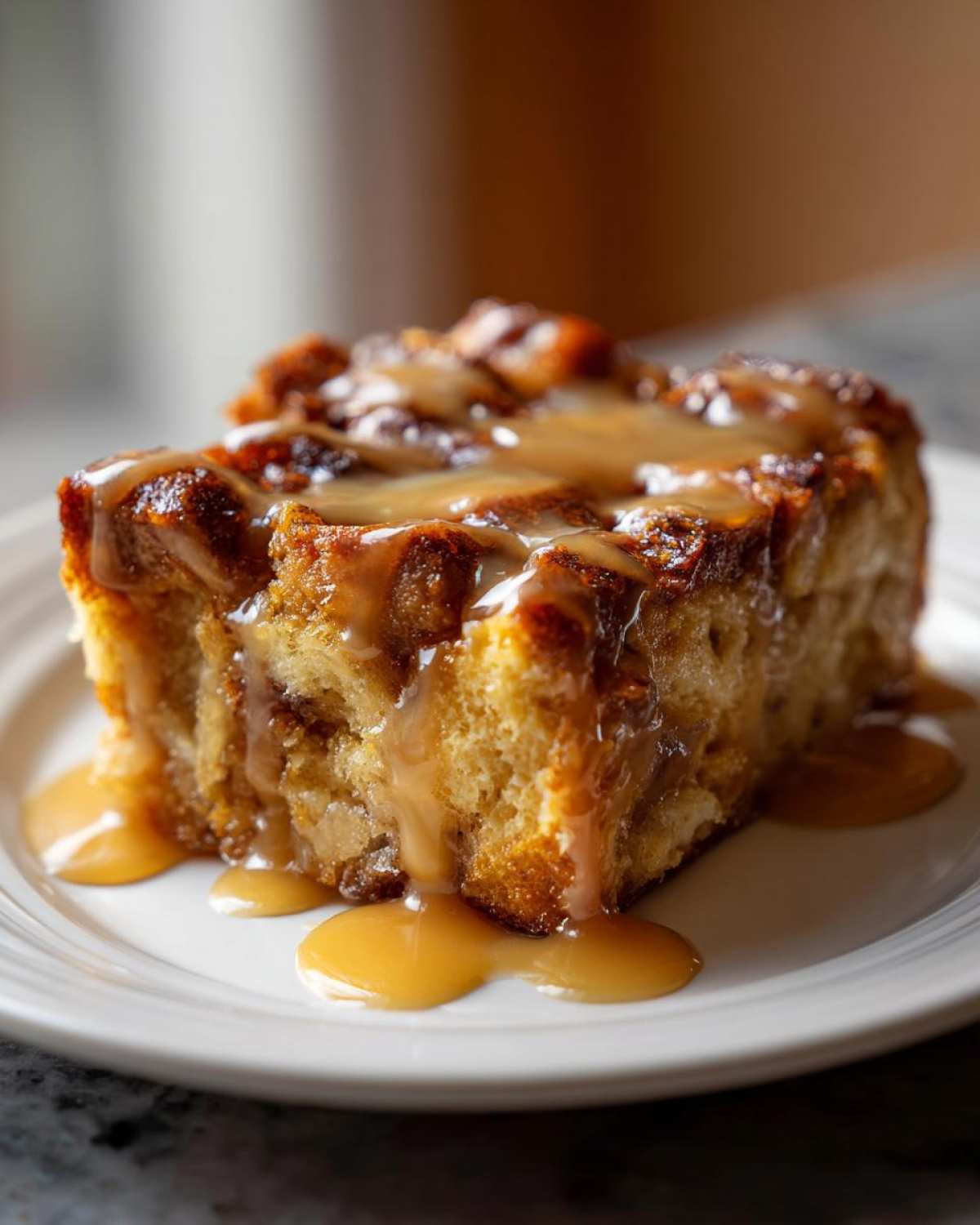 A close-up of a thick slice of moist bread pudding topped generously with rich caramel sauce.