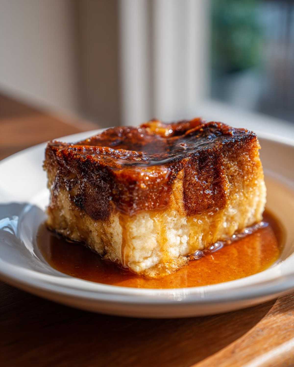 A square slice of amazing bread pudding, caramelized on top and sitting in a pool of rich sauce.