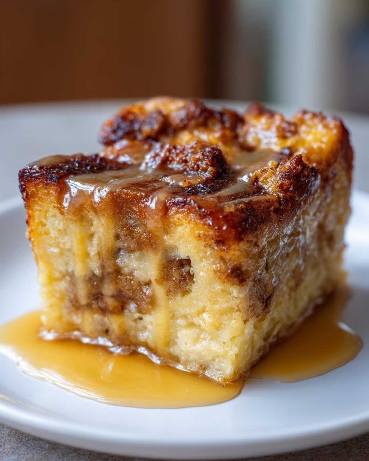 A close-up of a moist slice of amazing bread pudding topped with rich caramel sauce.