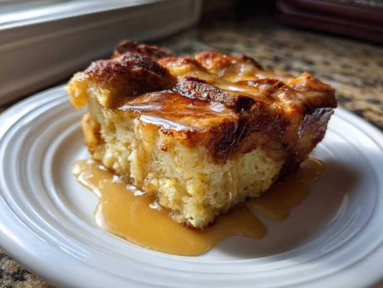 A square slice of moist bread pudding topped with glossy caramel sauce served on a white plate.