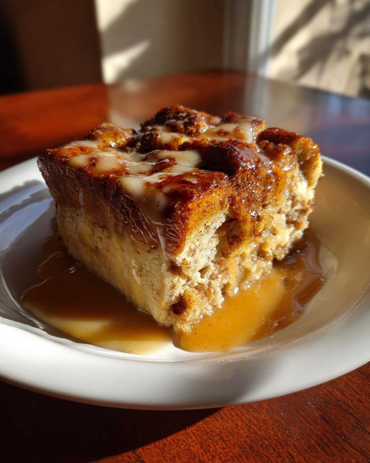 A square slice of rich bread pudding, drizzled with a creamy glaze and sitting in caramel sauce.