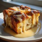 A close-up of a square slice of amazing bread pudding drizzled generously with a thick, creamy vanilla sauce.