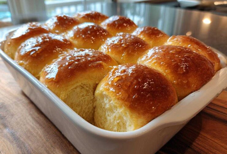 A white baking dish filled with golden brown, glistening dinner rolls brushed with butter.