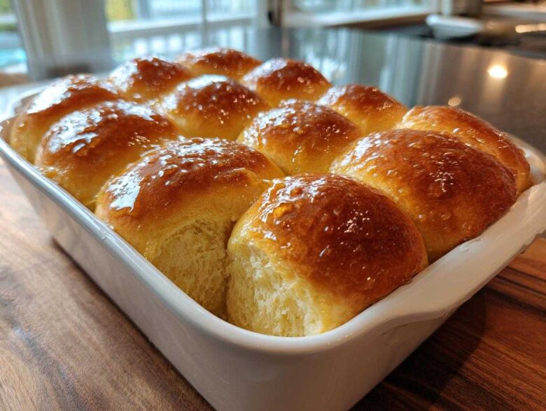 A white baking dish filled with golden brown, glistening dinner rolls brushed with butter.