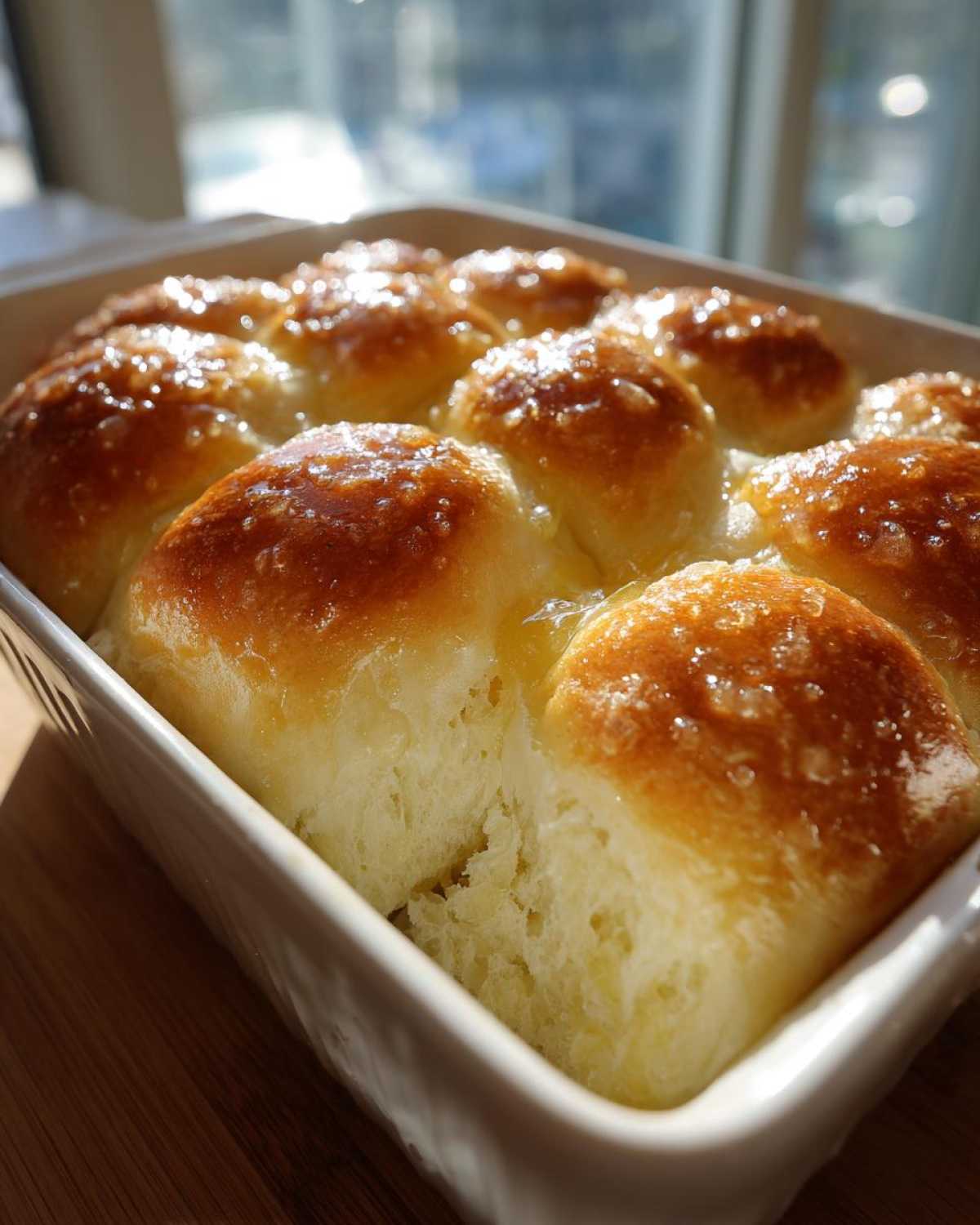 A close-up of a pan full of golden brown, buttery dinner rolls glistening under sunlight.