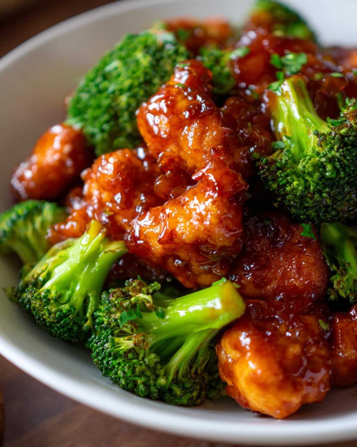 Close-up of glossy, sauced chicken pieces mixed with vibrant green broccoli florets in a white bowl, featuring the amazing chicken and broccoli recipe.