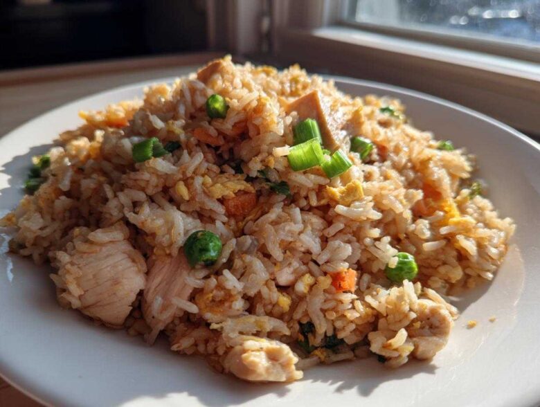 A close-up of a generous serving of amazing chicken fried rice with visible pieces of chicken, peas, carrots, and green onion garnish.