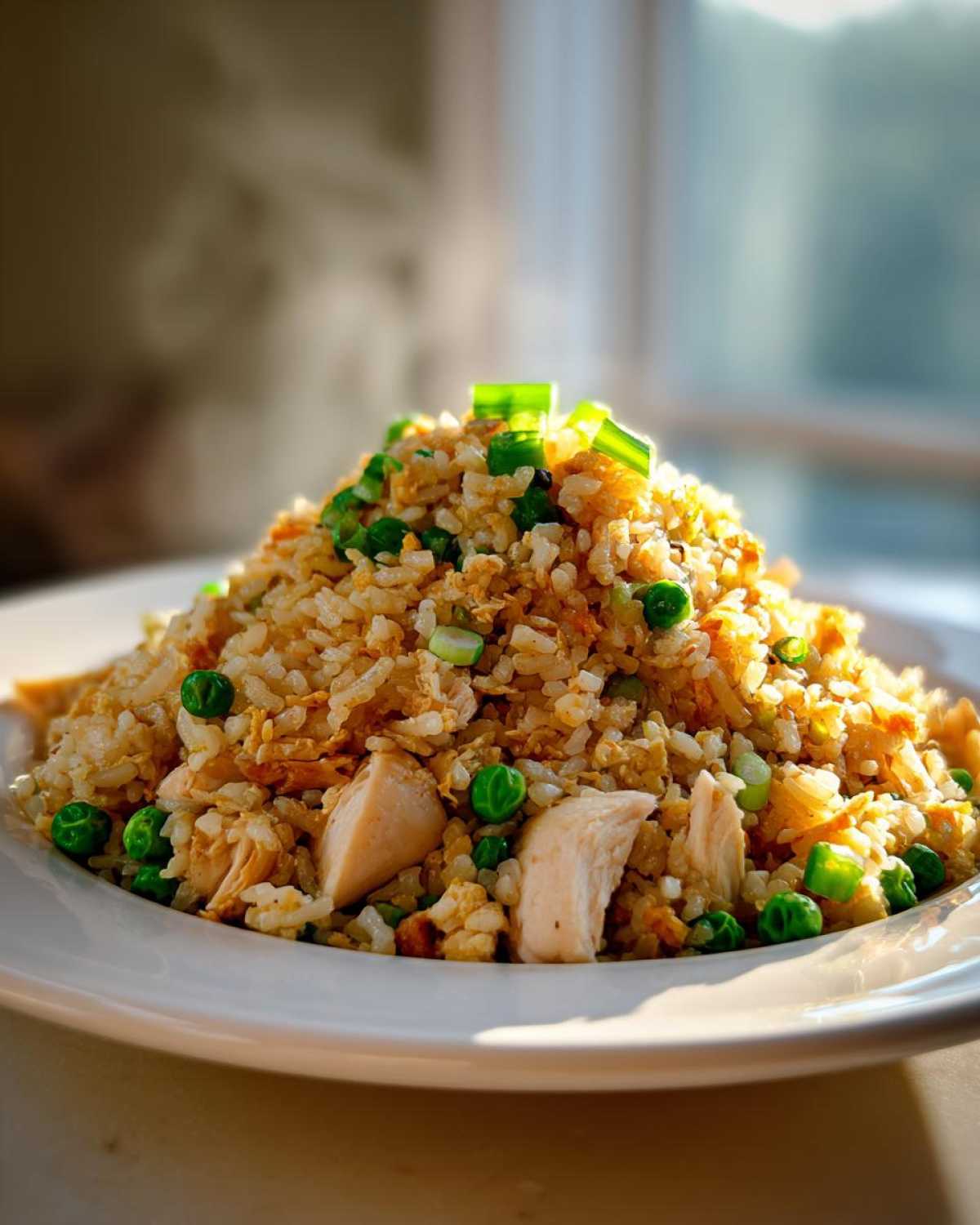 A tall mound of flavorful chicken fried rice mixed with bright green peas and topped with fresh scallions.