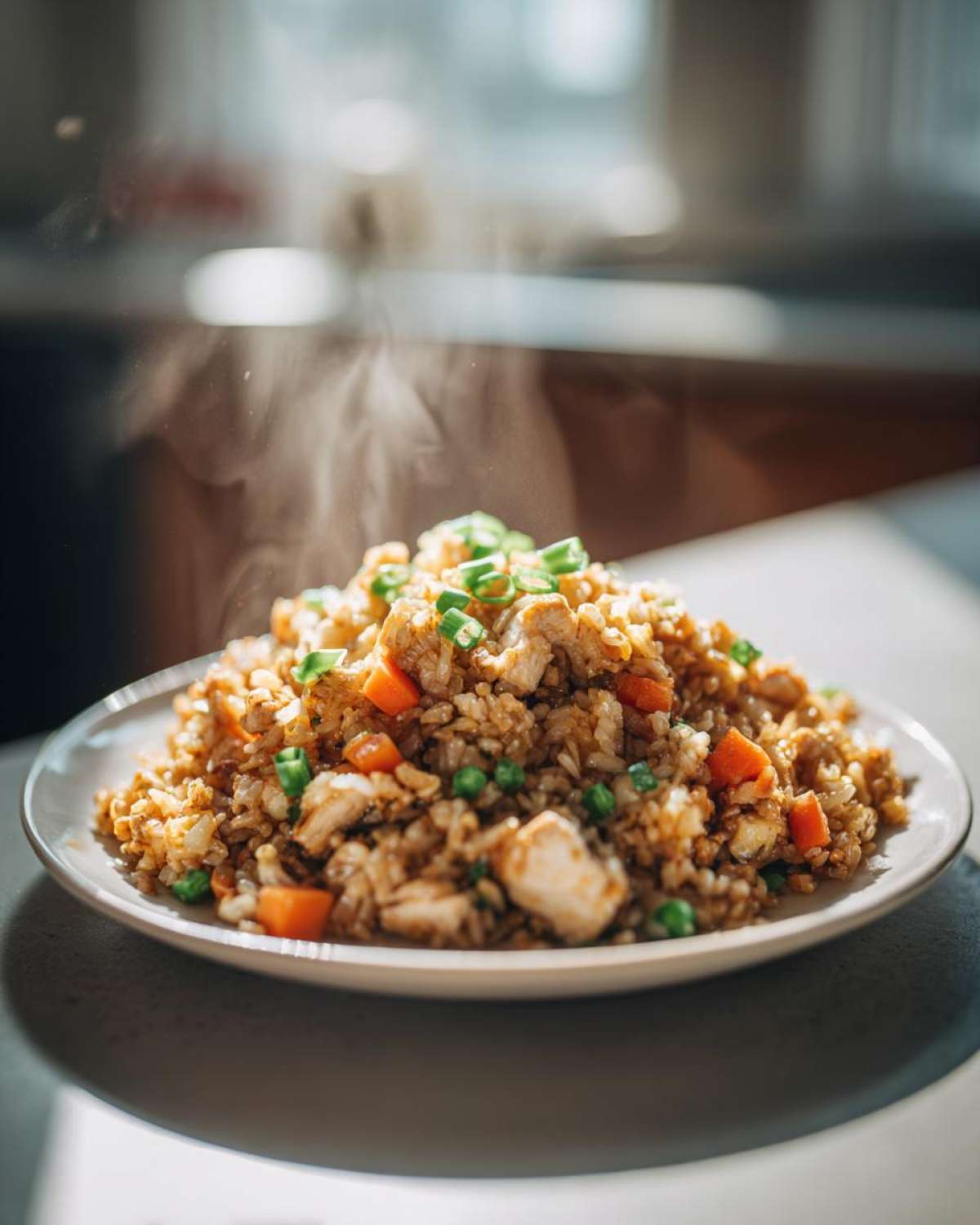 A steaming plate of amazing chicken fried rice mixed with carrots, peas, and topped with green onions.