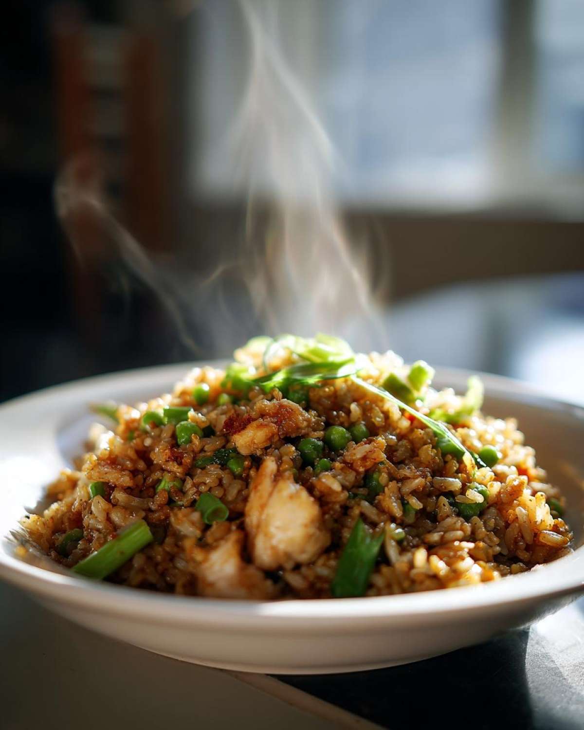 A close-up of a steaming bowl of amazing chicken fried rice, garnished with green onions and peas.