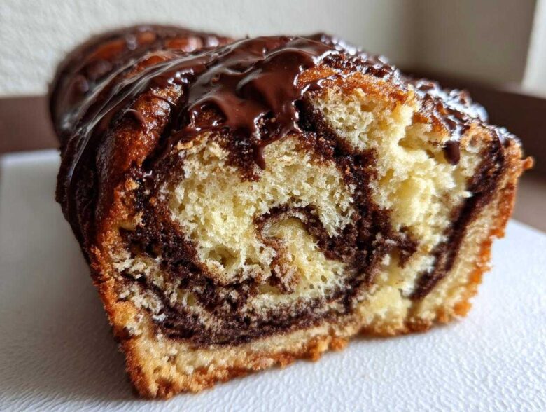 A close-up cross-section view showing the rich swirls of chocolate filling inside a freshly baked chocolate babka loaf.