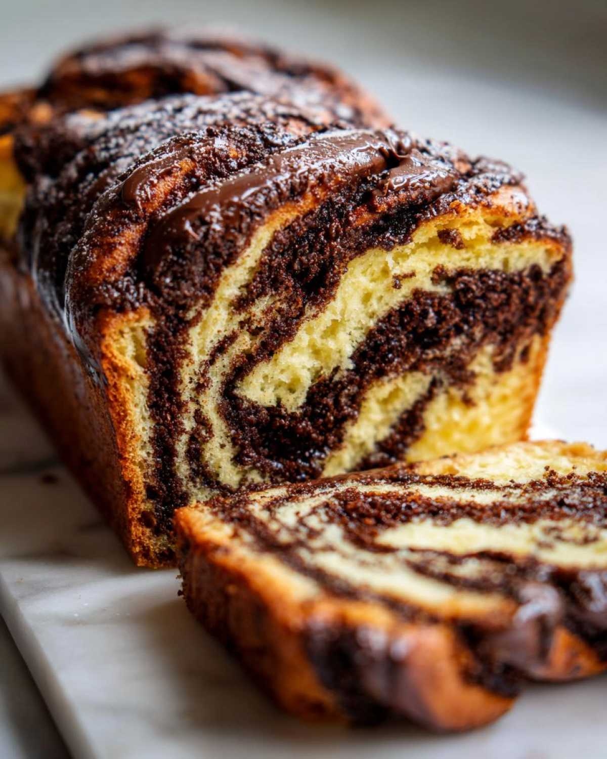 Close-up of a sliced chocolate babka loaf showing rich chocolate swirls and a glossy glaze.