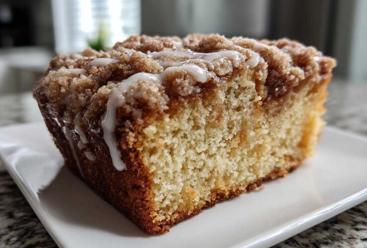 Close-up of a slice of amazing coffee cake showing a moist crumb, cinnamon streusel, and vanilla glaze.