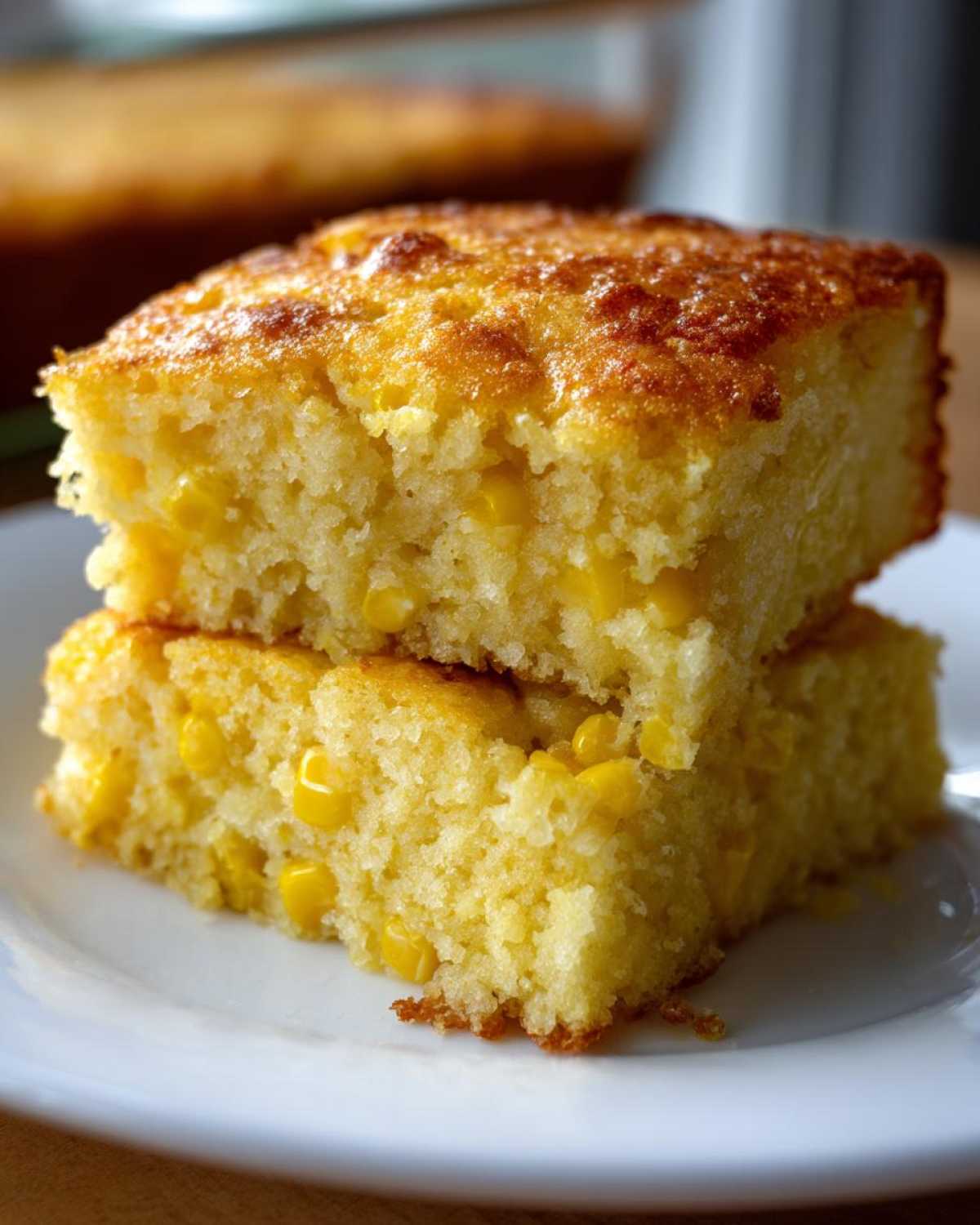 Two stacked squares of moist, golden corn casserole studded with whole corn kernels.