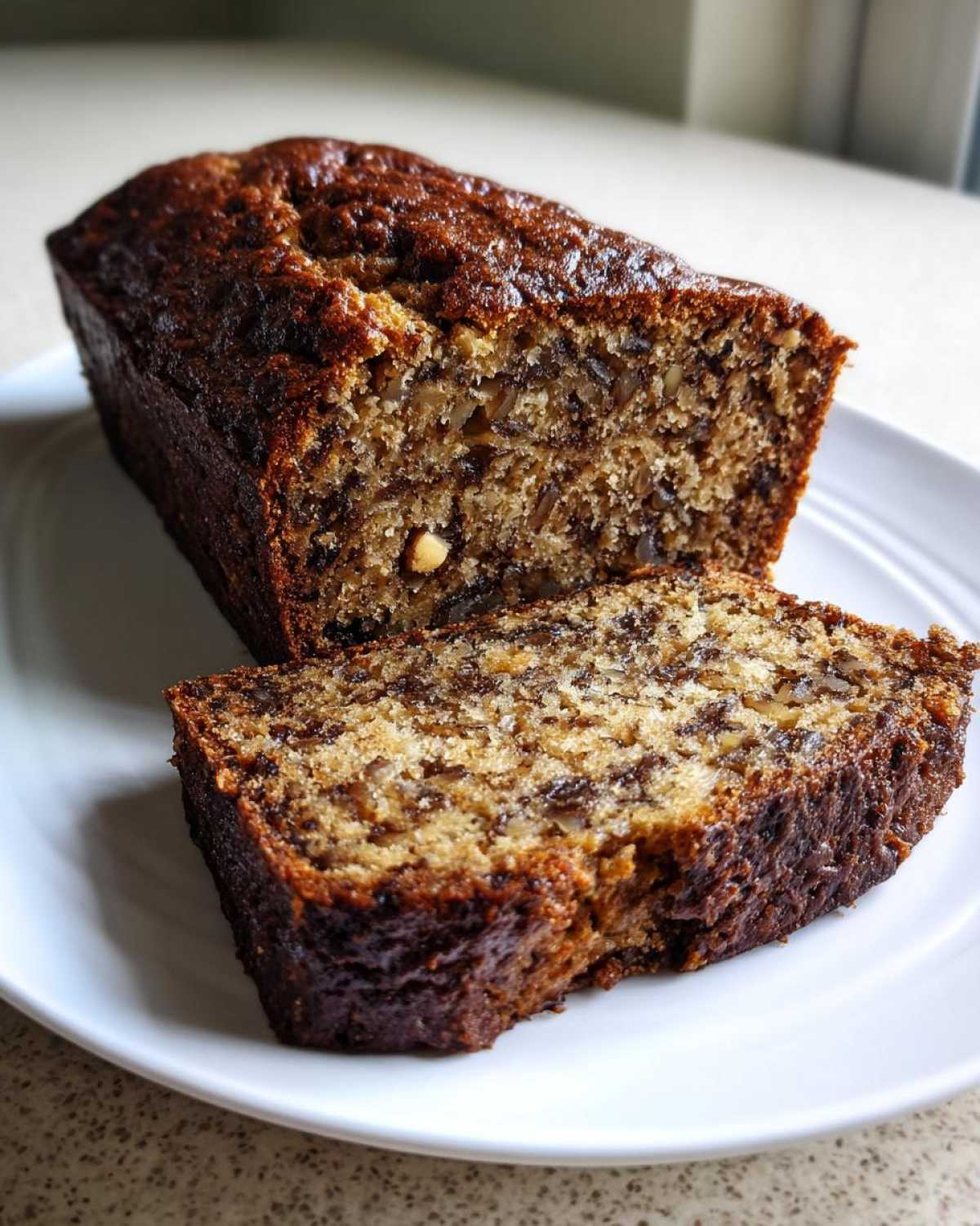 A moist loaf of date nut bread with one slice cut, showing the rich texture and nuts inside.