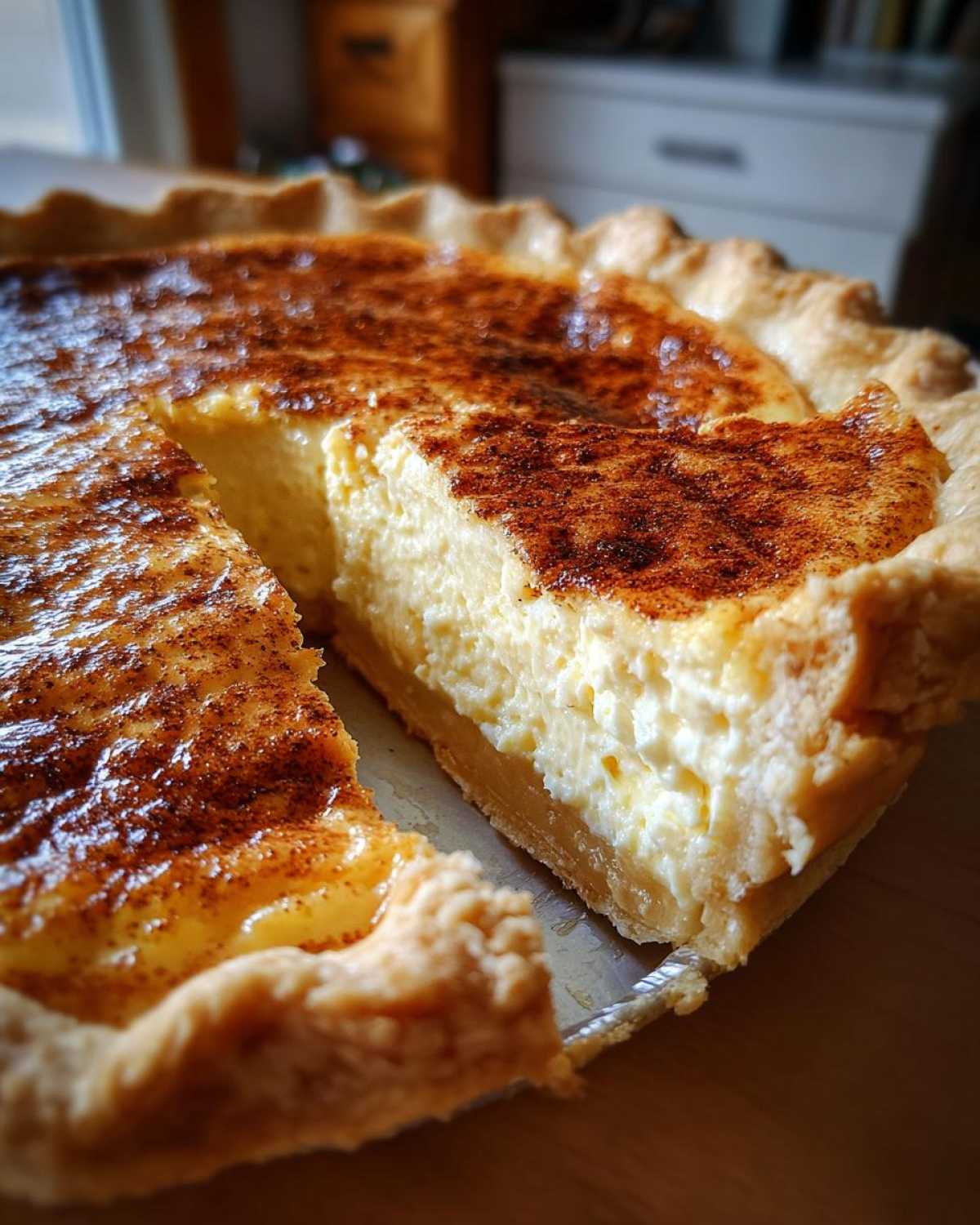 Close-up of a freshly baked egg custard pie with a slice removed, showing the creamy filling and browned cinnamon top.