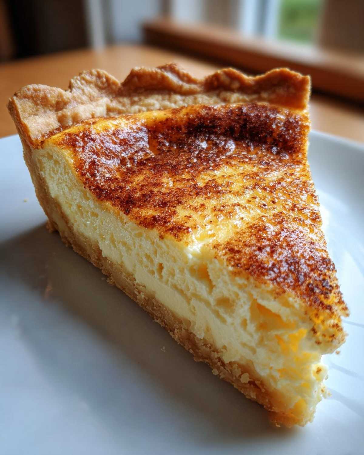 A close-up slice of creamy egg custard tart with a golden, slightly brûléed top.