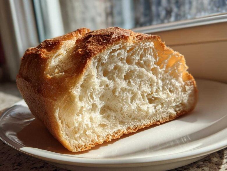 A cross-section of homemade french bread showing the airy interior crumb and golden crust, sitting on a white plate.