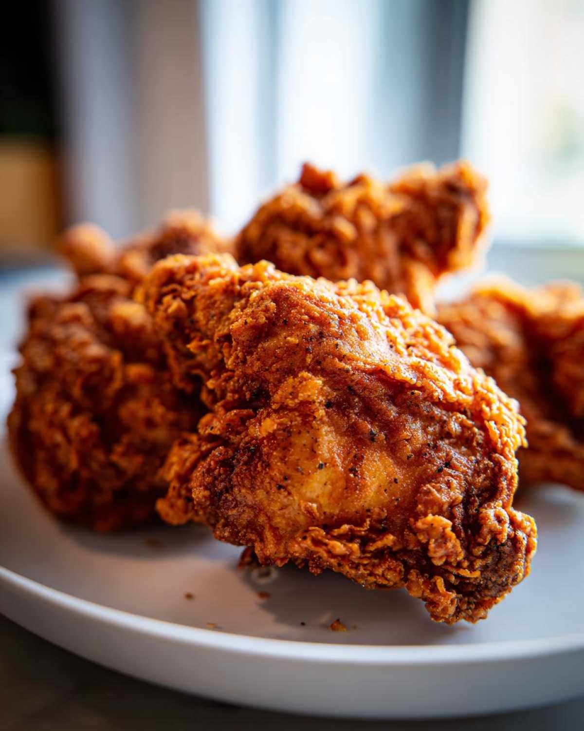 Close-up of several pieces of perfectly crispy, golden brown fried chicken piled on a white plate.