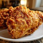 Close-up of two pieces of perfectly crispy, golden brown fried chicken seasoned with black pepper, resting on a white plate.