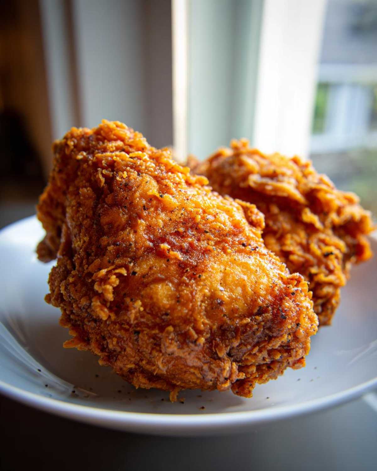 Close-up of two pieces of perfectly cooked, crispy fried chicken with a golden-brown, seasoned crust.
