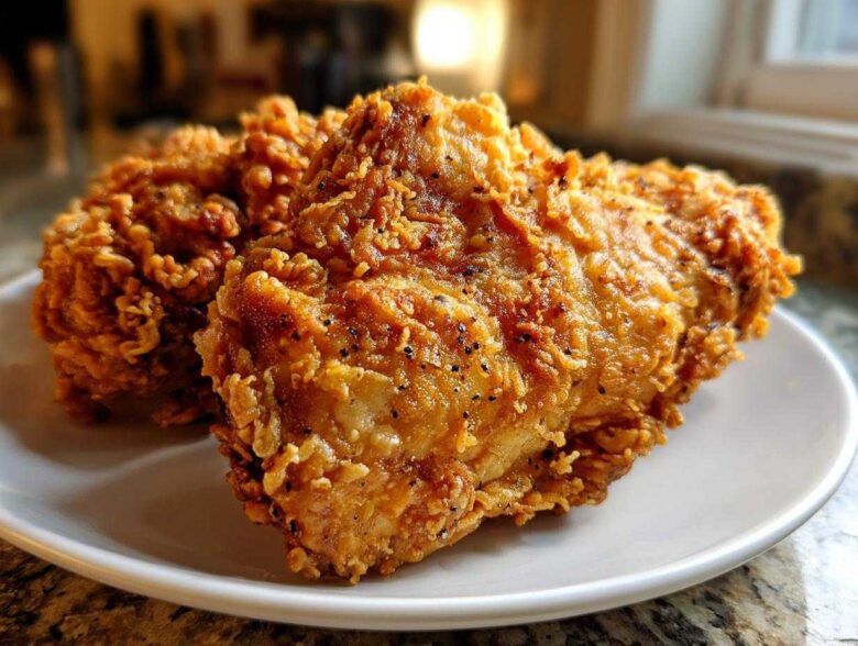 Close-up of two pieces of perfectly crispy, golden brown fried chicken seasoned with black pepper, resting on a white plate.