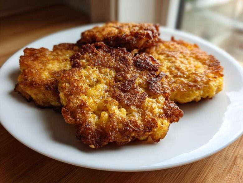 Four golden brown, crispy fried cornbread patties stacked on a white plate.