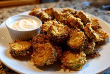 A plate piled high with crispy, golden brown Fried Pickles served alongside a small ramekin of creamy dipping sauce.