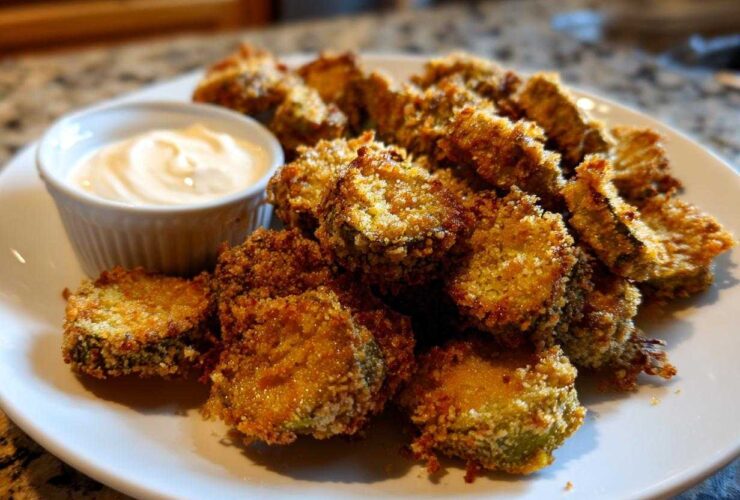A plate piled high with crispy, golden brown Fried Pickles served alongside a small ramekin of creamy dipping sauce.