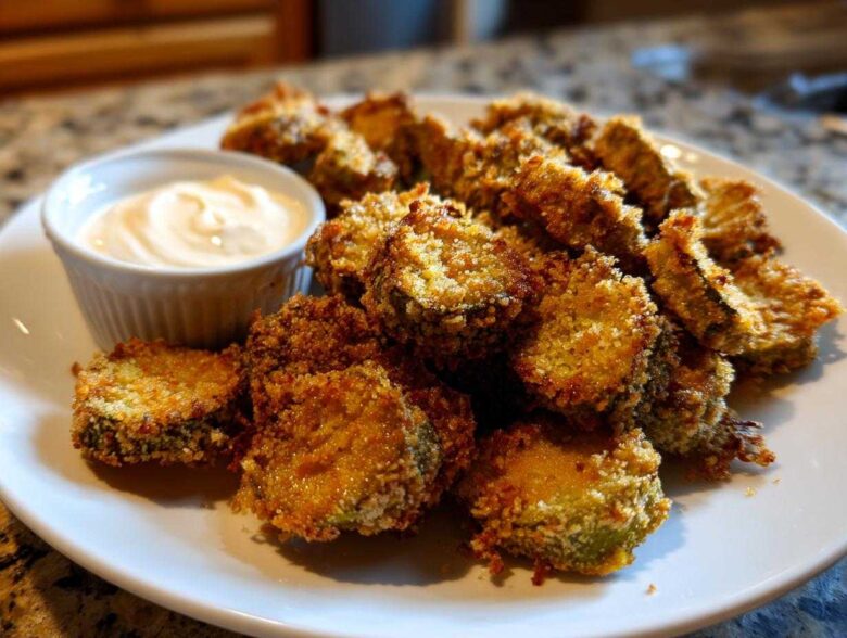 A plate piled high with crispy, golden brown Fried Pickles served alongside a small ramekin of creamy dipping sauce.