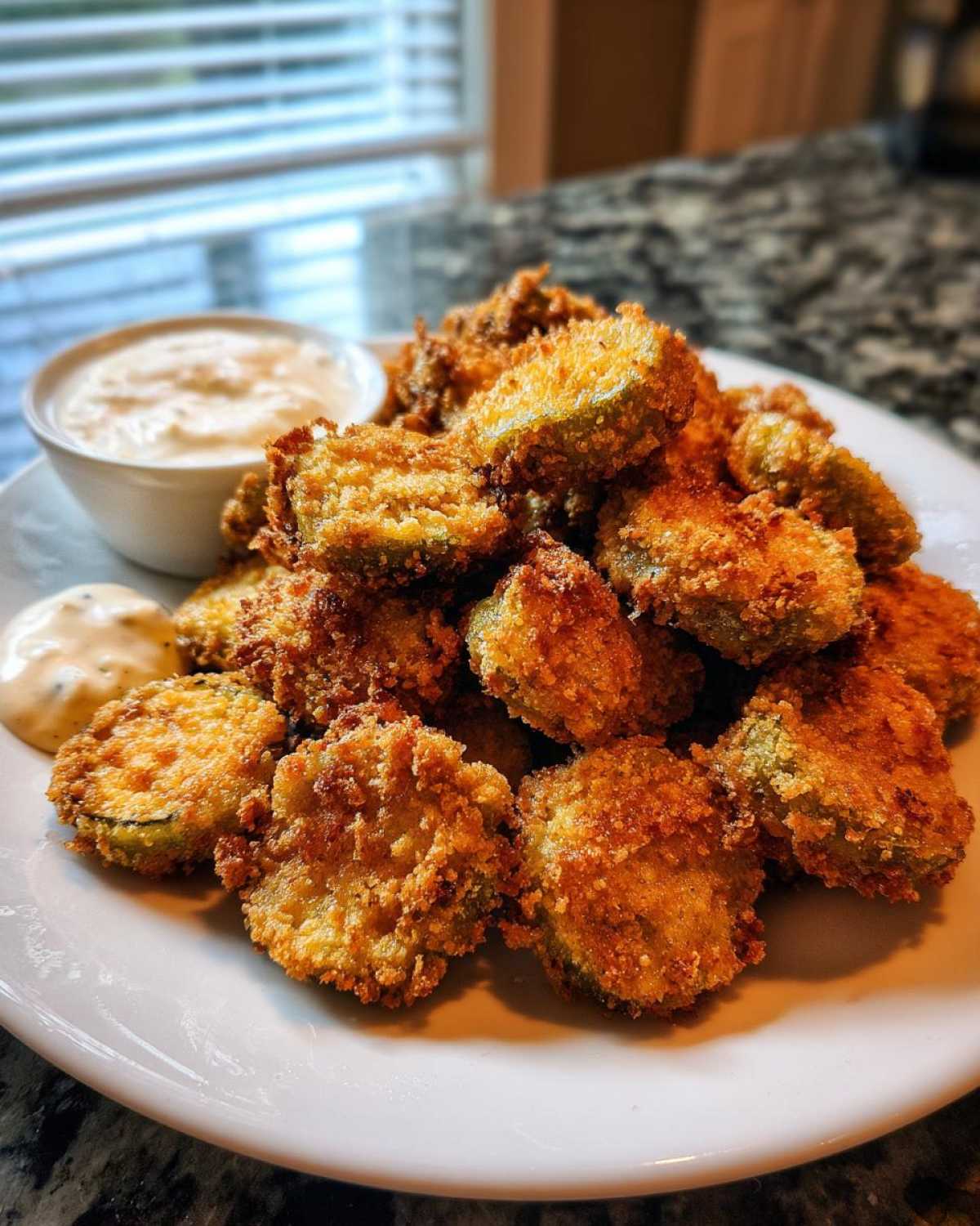 A large pile of golden brown, crispy Fried Pickles served on a white plate next to a small bowl of creamy dipping sauce.