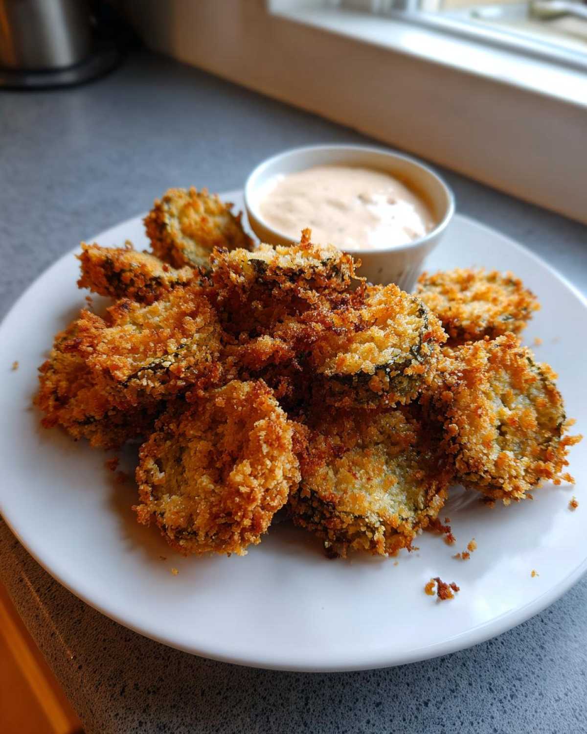 A plate of crispy, golden brown Fried Pickles served with a small bowl of creamy dipping sauce.