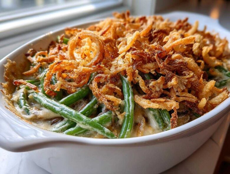 Close-up of a white baking dish filled with creamy green bean casserole topped generously with crispy fried onions.