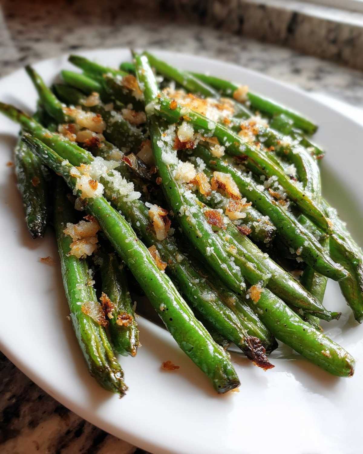 A plate of bright green beans topped with grated Parmesan cheese and crispy breadcrumbs.