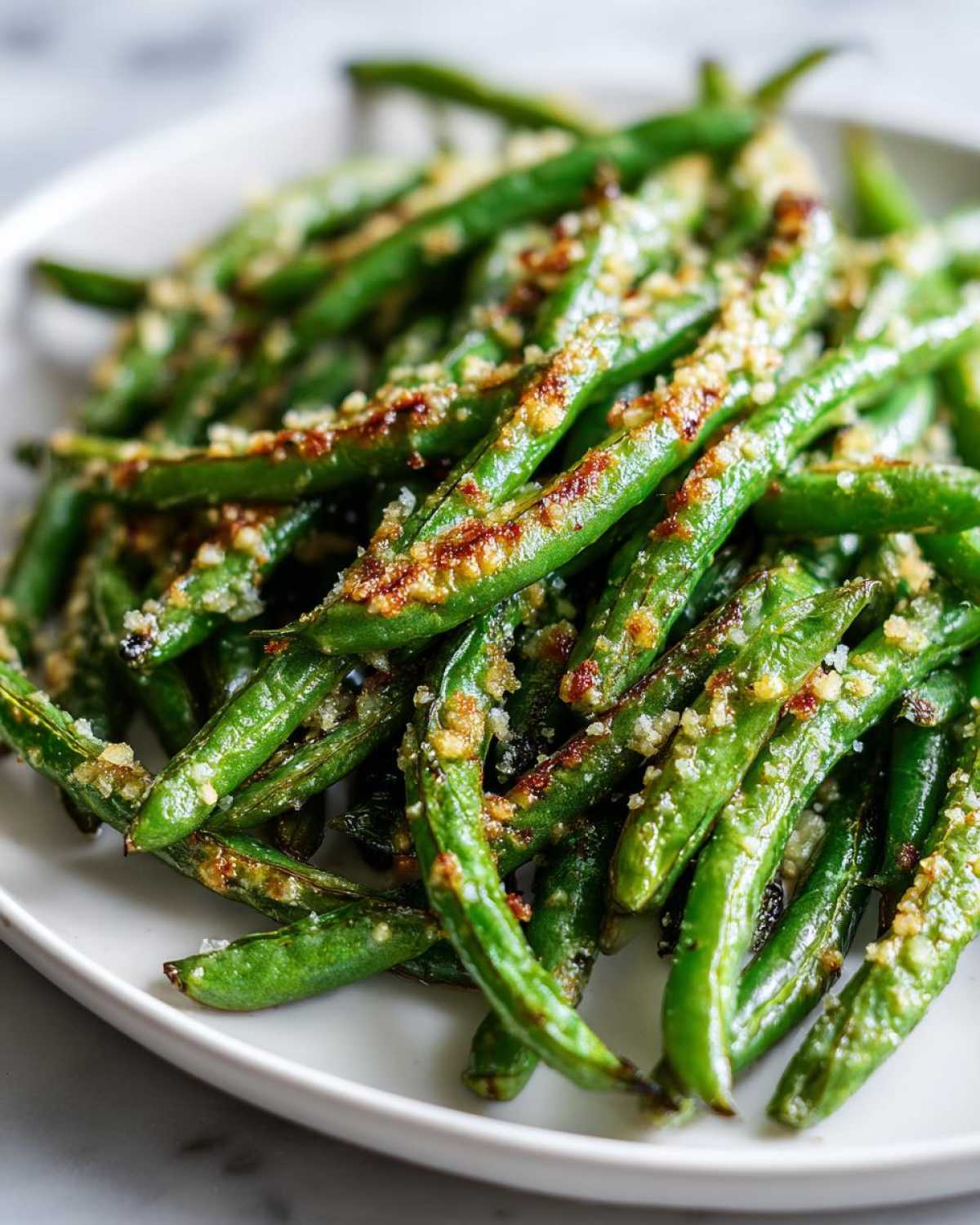 Close-up of bright green beans topped with toasted breadcrumbs and Parmesan cheese.