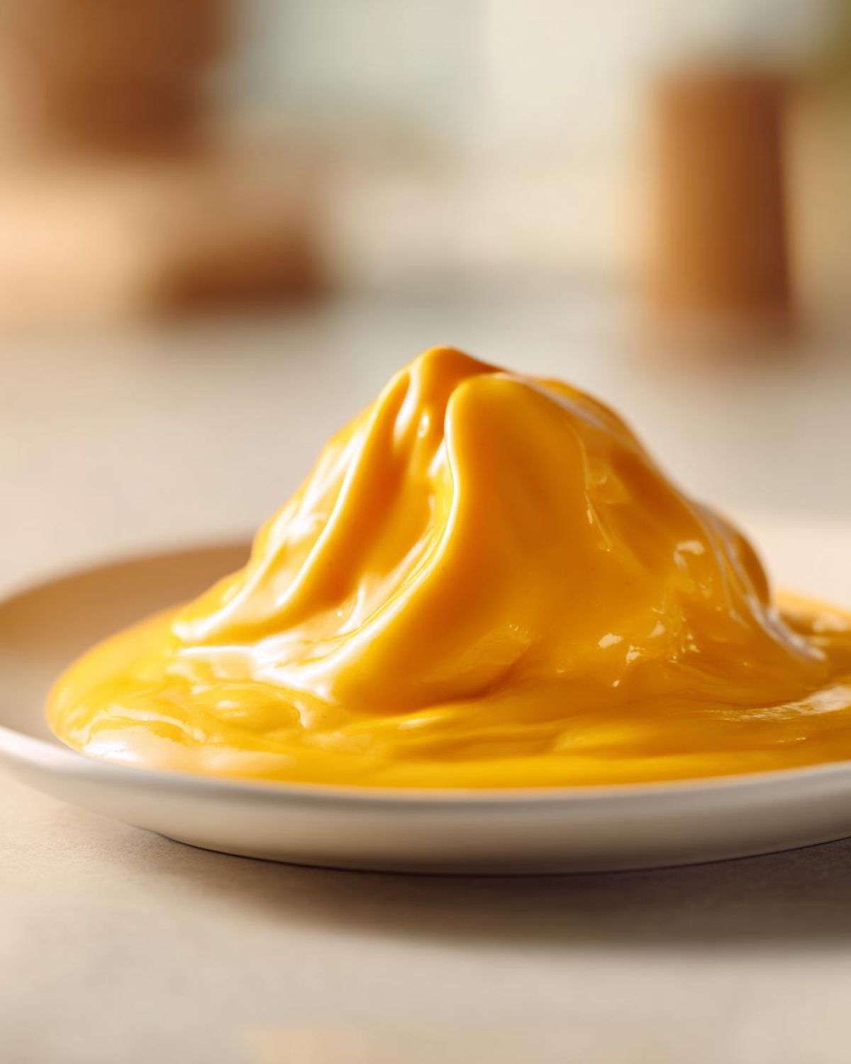 A close-up, artistic shot of a mound of bright orange, smooth nacho cheese sauce on a small white plate.