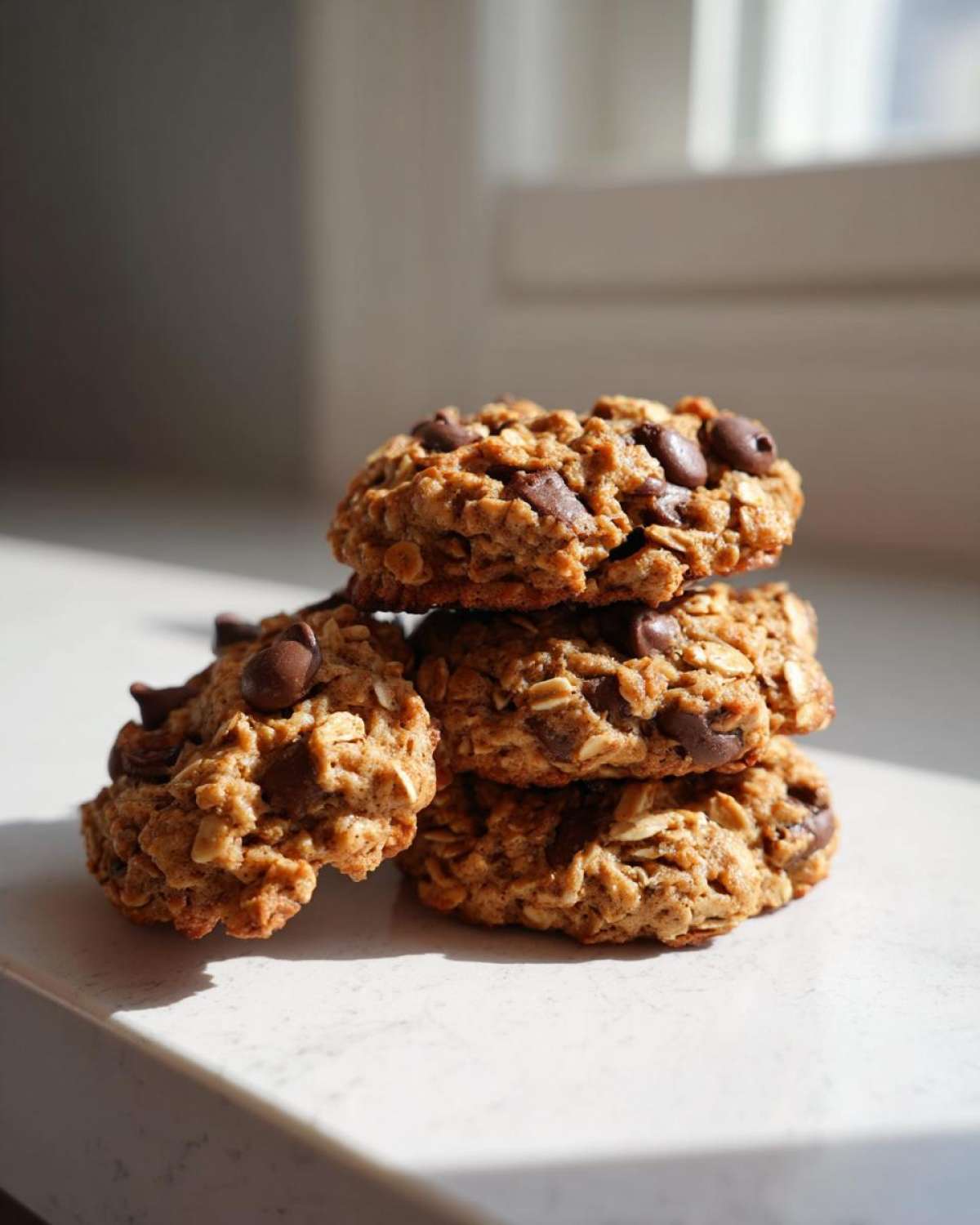 A stack of four delicious oatmeal cookie treats loaded with chocolate chips, sitting on a white counter.