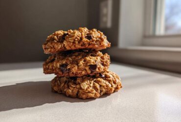 A stack of three chewy oatmeal cookie treats featuring visible oats and chocolate chips, beautifully lit by natural light.