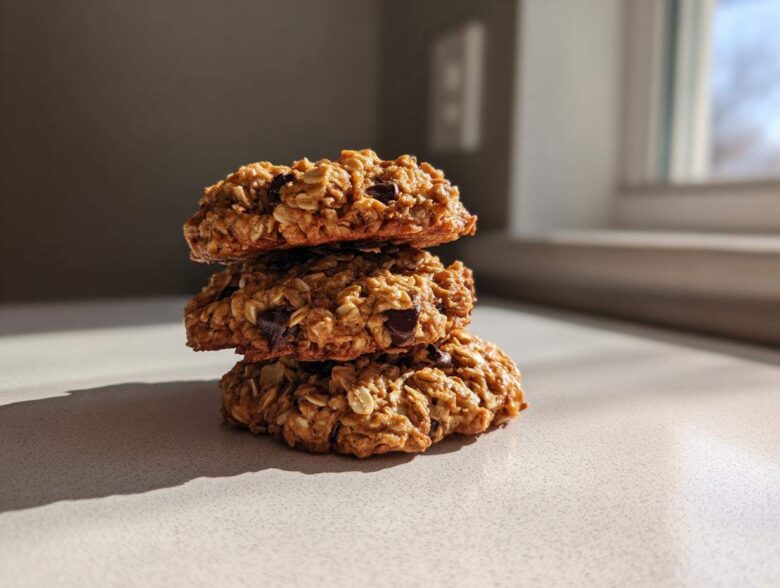 A stack of three chewy oatmeal cookie treats featuring visible oats and chocolate chips, beautifully lit by natural light.