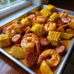 Close-up of a flavorful oven shrimp boil featuring seasoned shrimp, smoked sausage coins, corn on the cob, and potatoes.